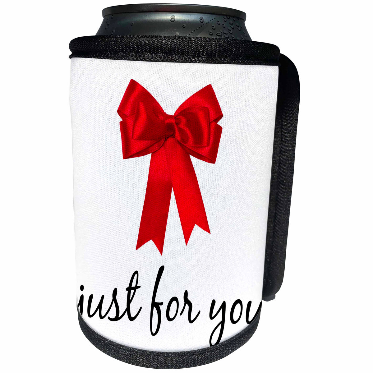 3dRose Xander gift images - Just for you, picture of a red bow and black lettering - Can Cooler Bottle Wrap (cc_244962)