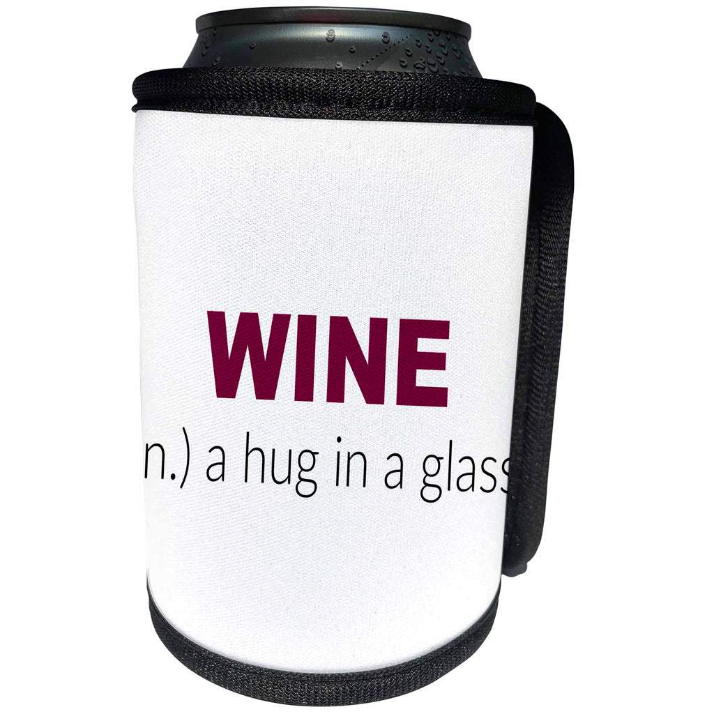3dRose Xander funny quotes - Wine, a hug in a glass, red wine lettering and black letters - Can Cooler Bottle Wrap (cc_244967)