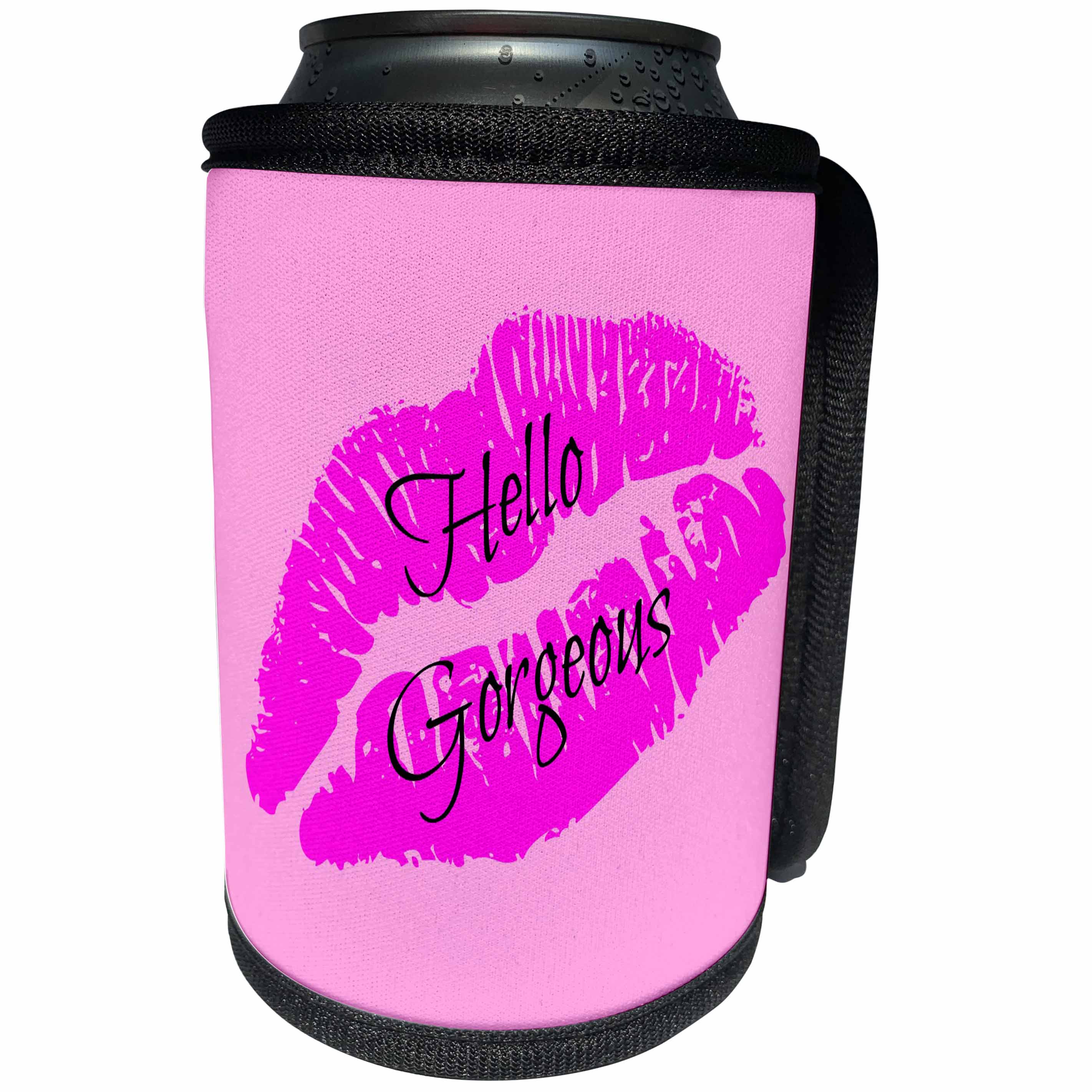 3dRose Xander funny quotes - Hello gorgeous, black letters on a picture of red lips - Can Cooler Bottle Wrap (cc_245020)