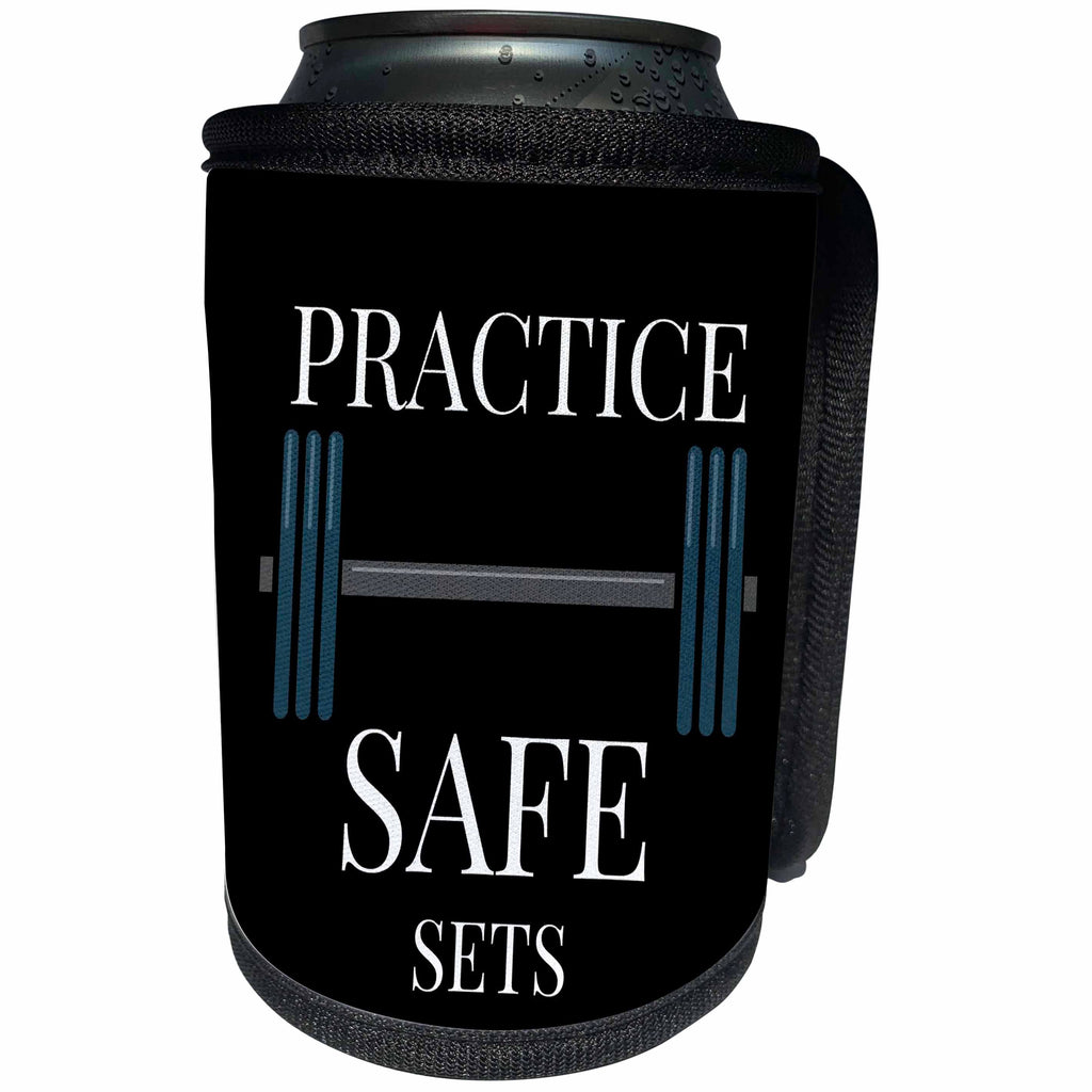 3dRose Xander funny quotes - Practice safe sets, white letters with a picture of a weight bar - Can Cooler Bottle Wrap (cc_245028)