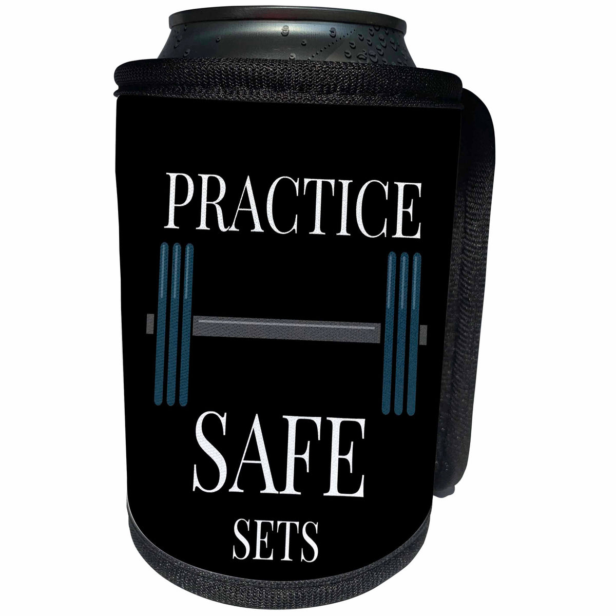 3dRose Xander funny quotes - Practice safe sets, white letters with a picture of a weight bar - Can Cooler Bottle Wrap (cc_245028)