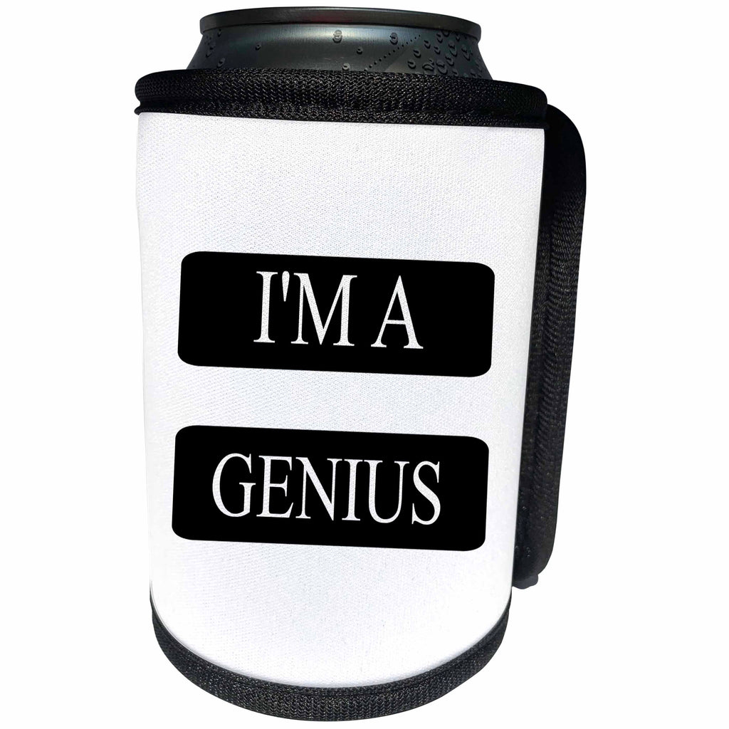 3dRose Xander funny quotes - Im a genius, white lettering on a black and white background - Can Cooler Bottle Wrap (cc_245041)
