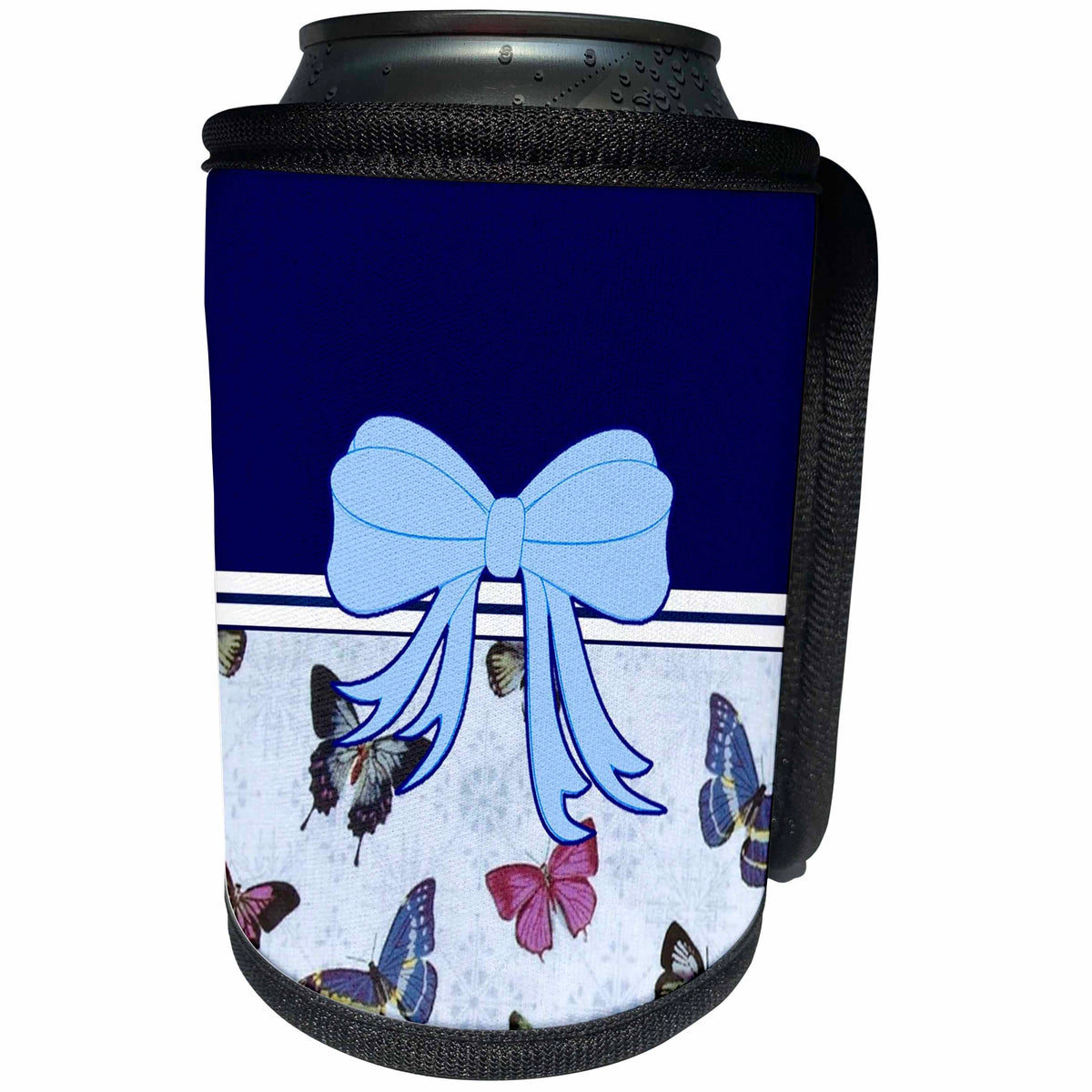 3dRose Florene Bows And Ribbon Décor - Image of Butterflies Flutter With Light Blue Bow on Navy - Can Cooler Bottle Wrap (cc_245050)