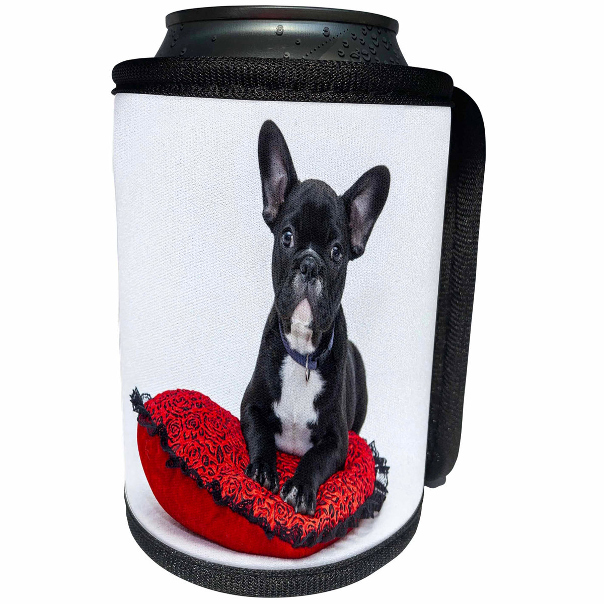 3dRose Florene Dog - Image of Bulldog Puppy On Red Pillow - Can Cooler Bottle Wrap (cc_245060)