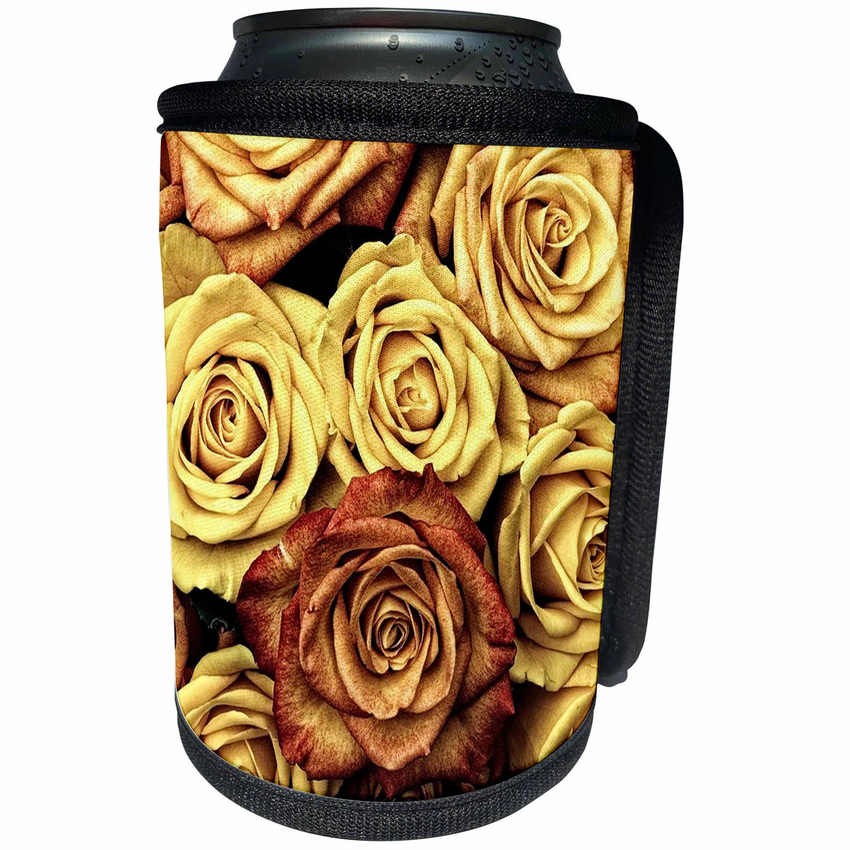 3dRose Florene Flowers - Image of Close Up Of Roses In Gold And Burnt Umber - Can Cooler Bottle Wrap (cc_245072)