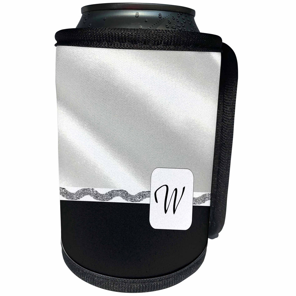 3dRose Florene Initials - Image of Elegant W On White Satin And Black Velvet - Can Cooler Bottle Wrap (cc_245081)