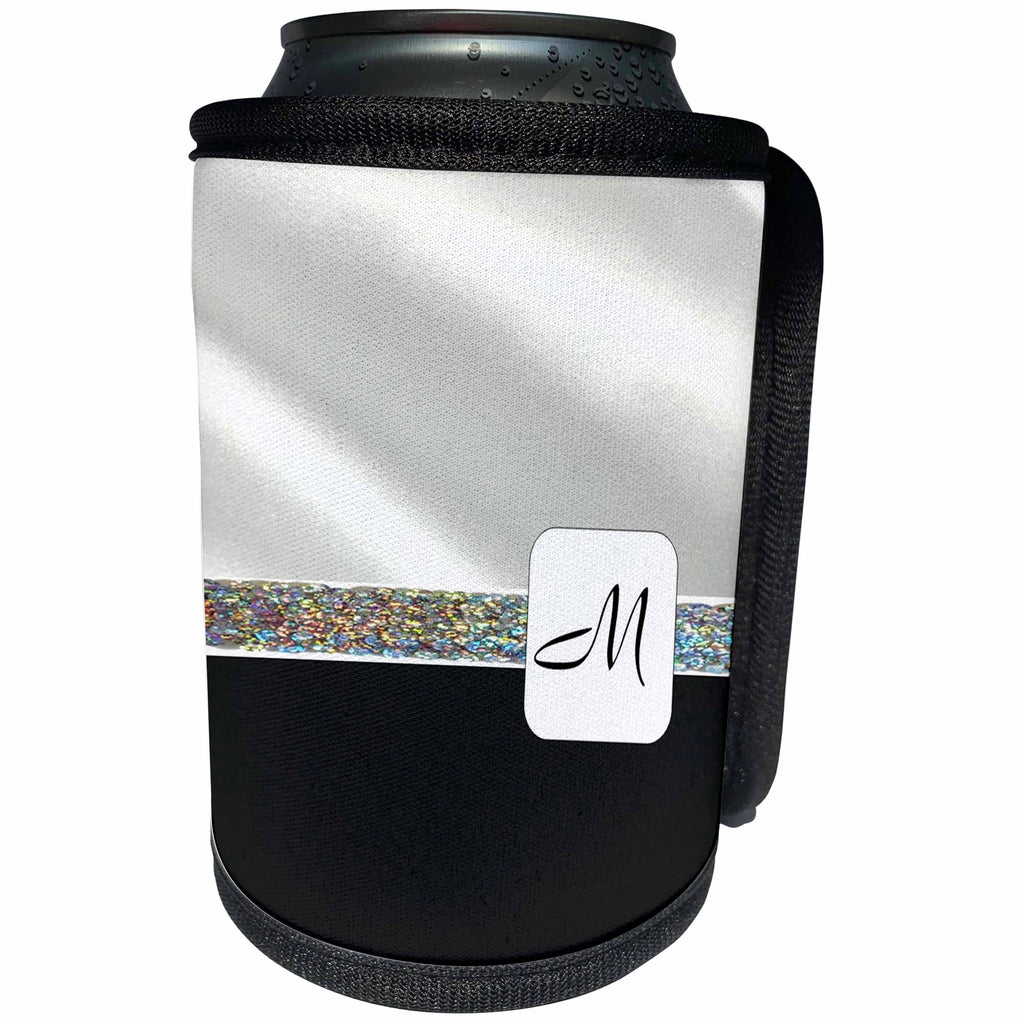 3dRose Florene Initials - Image of Elegant M On White Satin And Black Velvet - Can Cooler Bottle Wrap (cc_245082)
