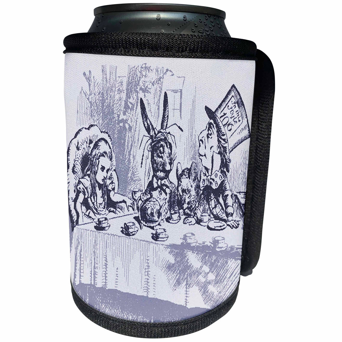 3dRose Florene Nursery Rhymes And Fairytales - Image of Mad Hatters Tea Party In Vintage Blue - Can Cooler Bottle Wrap (cc_245085)