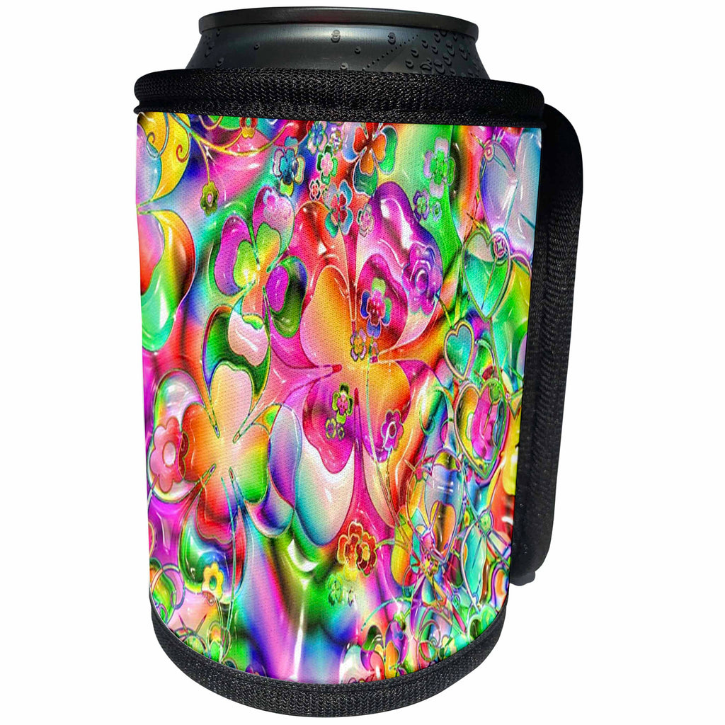 3dRose Florene Neon Art - Image of Neon Pink Yellow Flowers Shamrocks And Hearts - Can Cooler Bottle Wrap (cc_245088)
