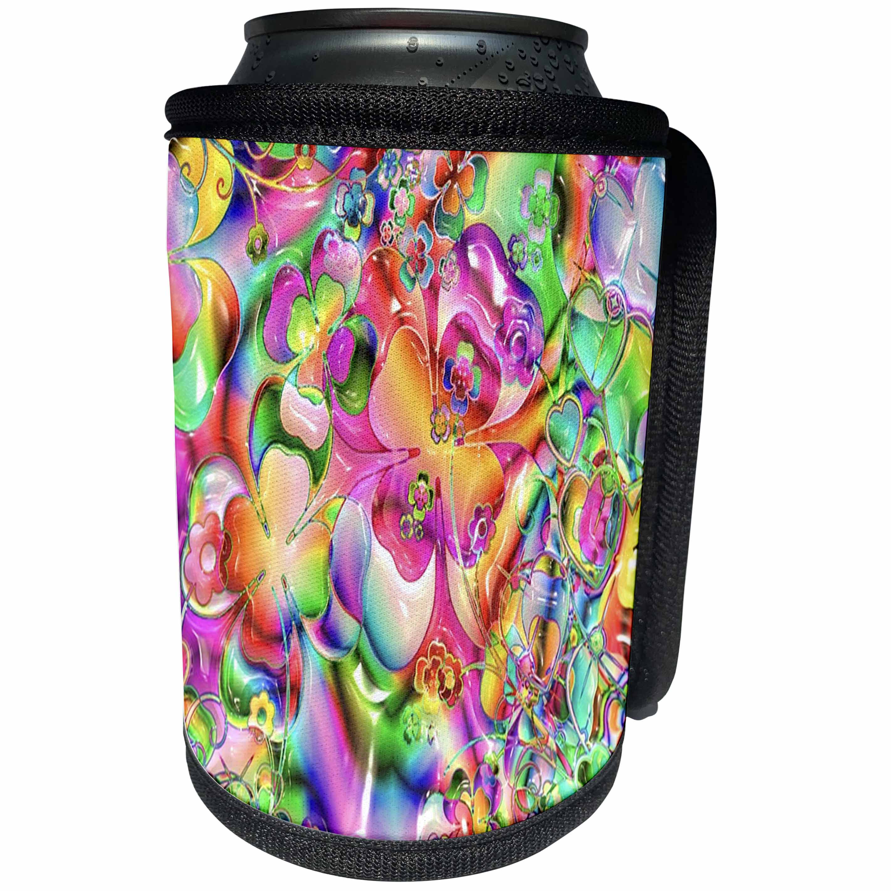 3dRose Florene Neon Art - Image of Neon Pink Yellow Flowers Shamrocks And Hearts - Can Cooler Bottle Wrap (cc_245088)