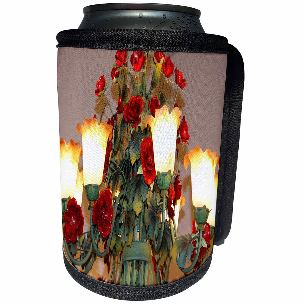 3dRose Florene Decorative III - Image of Pretty Chandelier With Red Flowers - Can Cooler Bottle Wrap (cc_245093)