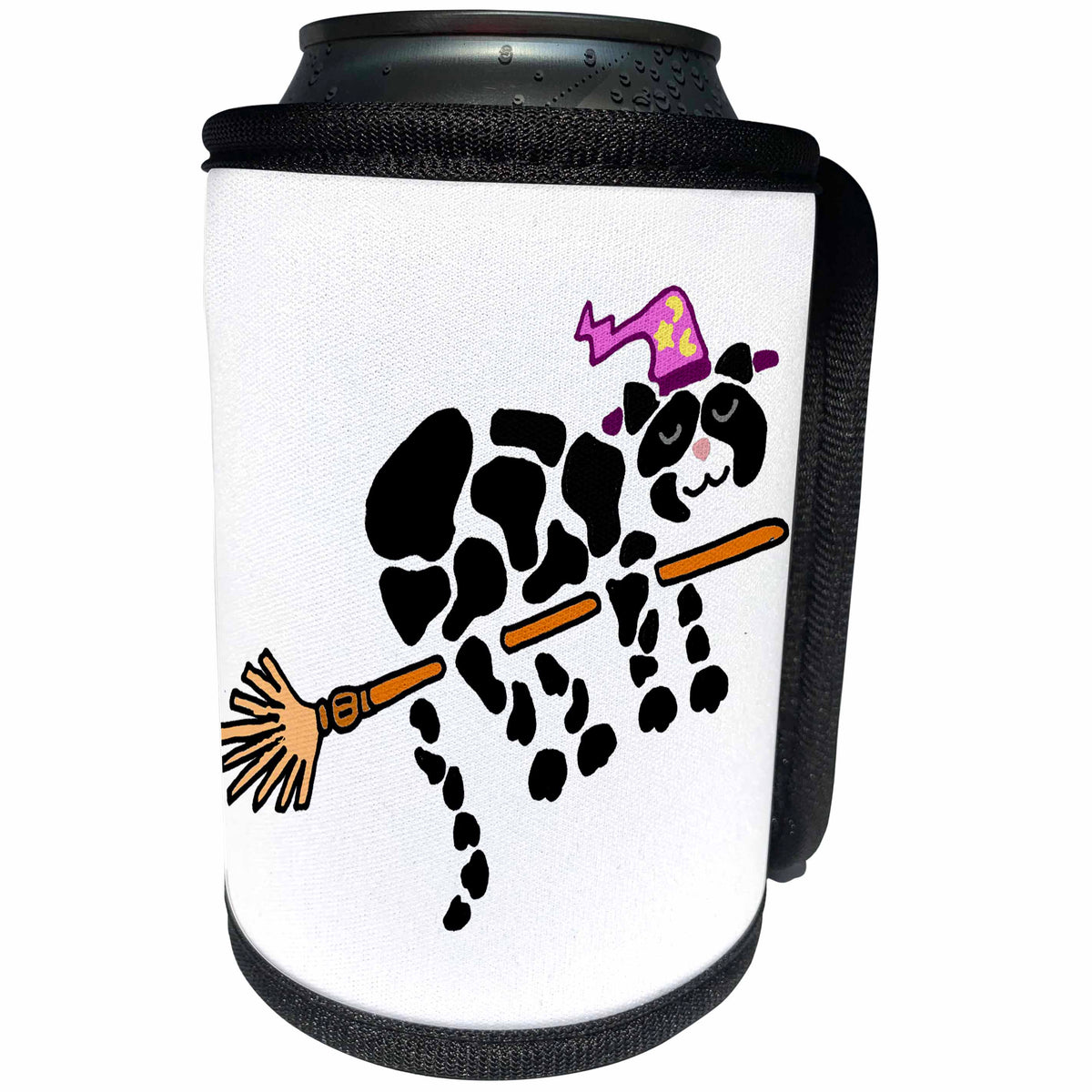 3dRose All Smiles Art Pets - Funny Black Cat in Wizard Hat on Flying Broom - Can Cooler Bottle Wrap (cc_245394)