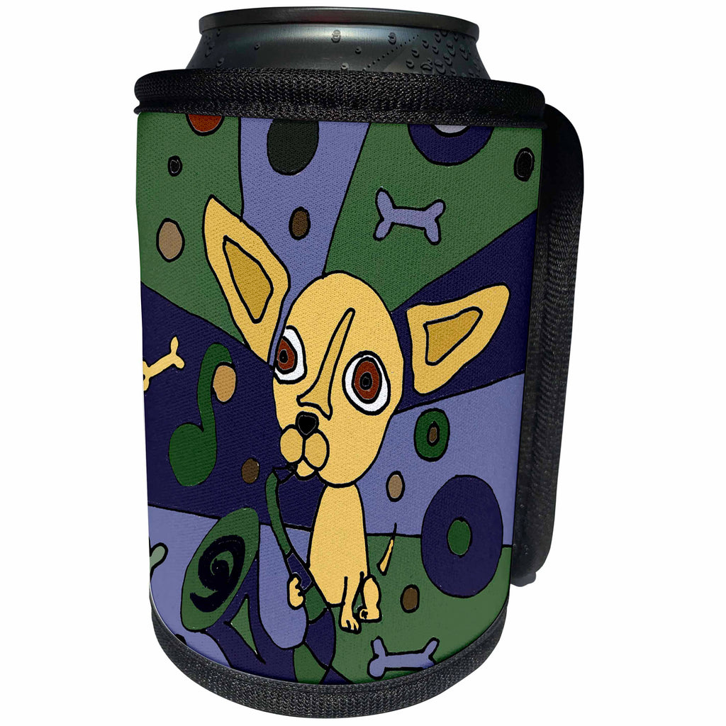 3dRose All Smiles Art Pets - Funny Cute Chihuahua Dog Playing Saxophone Abstract Art - Can Cooler Bottle Wrap (cc_245398)