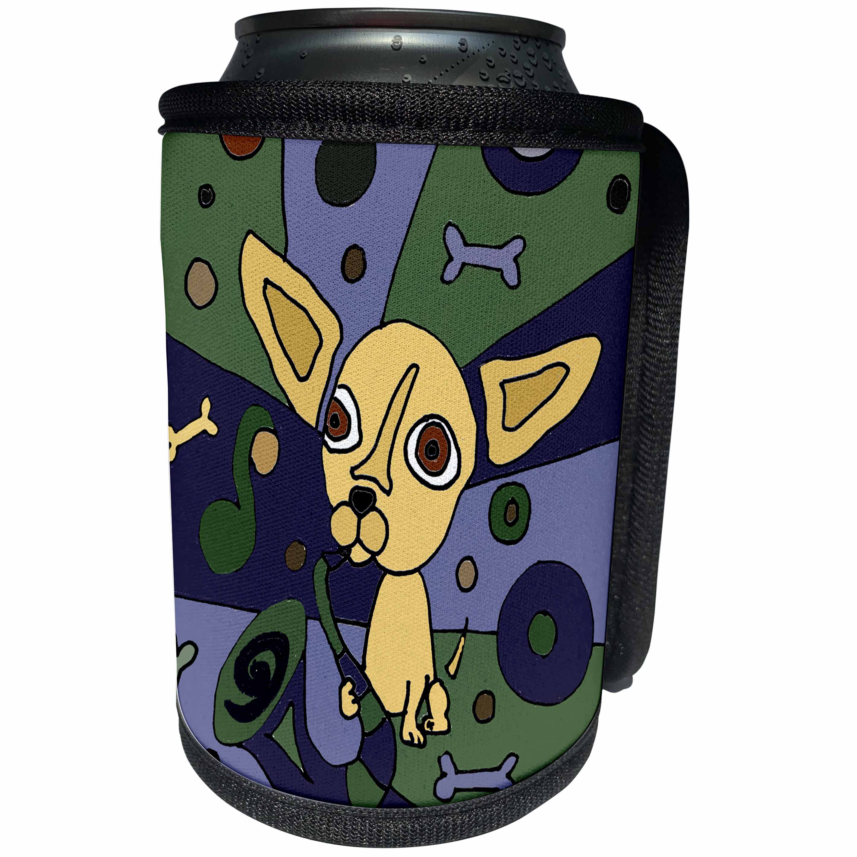 3dRose All Smiles Art Pets - Funny Cute Chihuahua Dog Playing Saxophone Abstract Art - Can Cooler Bottle Wrap (cc_245398)