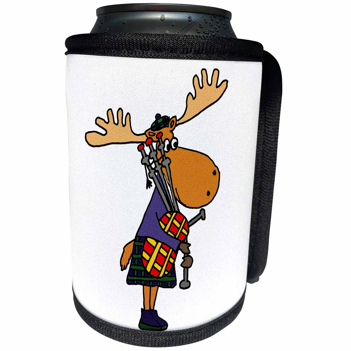 3dRose All Smiles Art Music and Animals - Funny Moose is Playing Bagpipes Original Art Cartoon - Can Cooler Bottle Wrap (cc_245401)