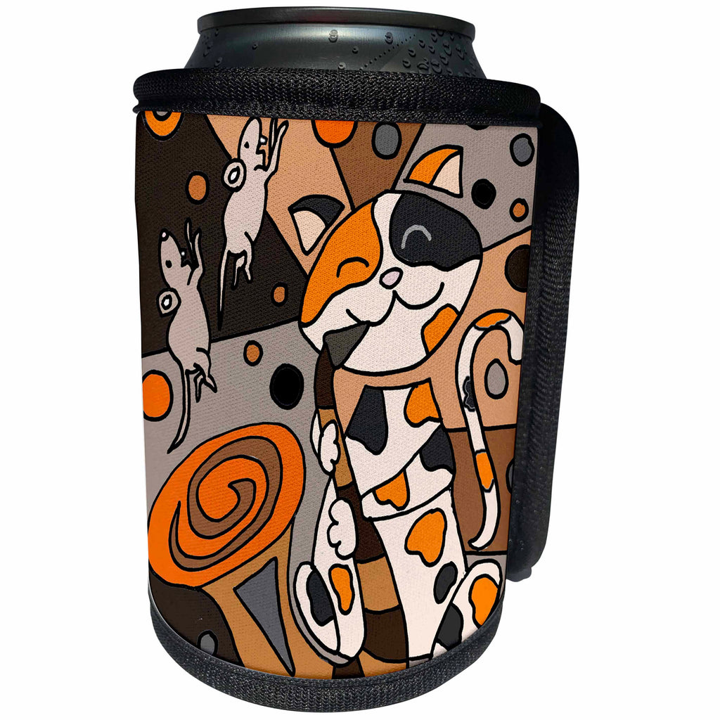 3dRose All Smiles Art Pets - Funny Calico Cat Playing Saxophone Abstract Art - Can Cooler Bottle Wrap (cc_245402)