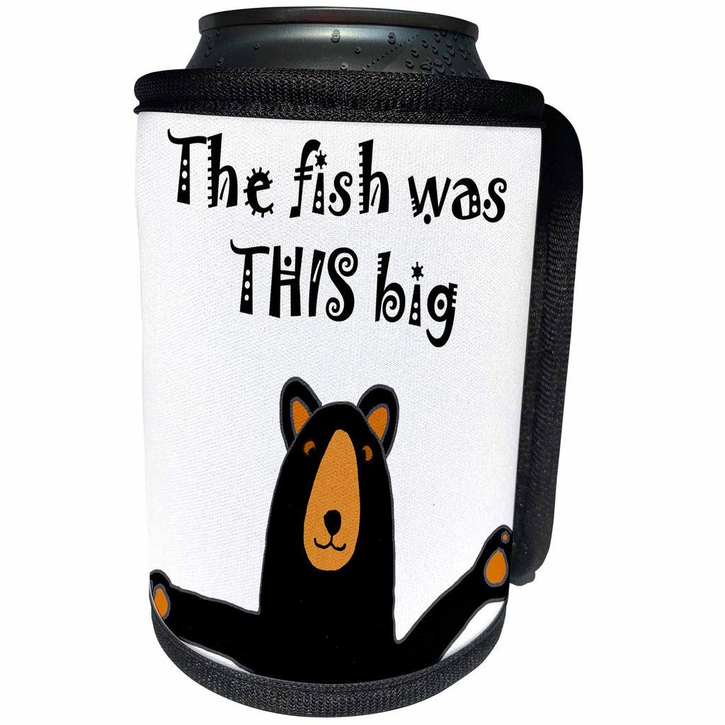 3dRose All Smiles Art Sports and Hobbies - Funny Black Bear tells Fishing Story - Can Cooler Bottle Wrap (cc_245407)