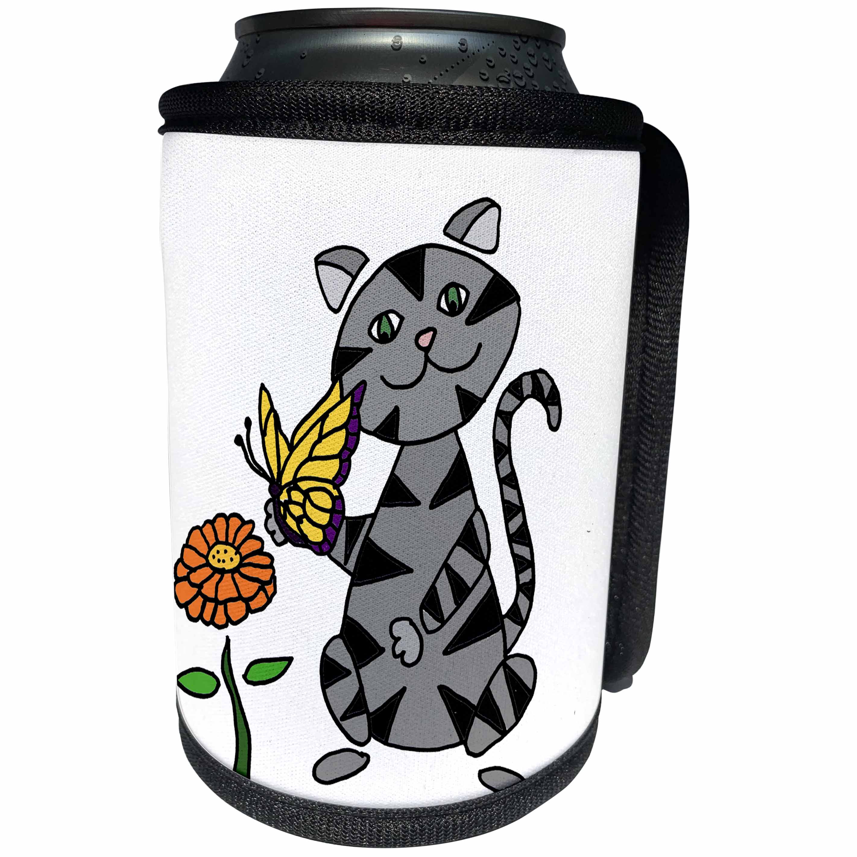 3dRose All Smiles Art Pets - Funny Gray Tabby Cat with Butterfly and Flower Cartoon - Can Cooler Bottle Wrap (cc_245409)