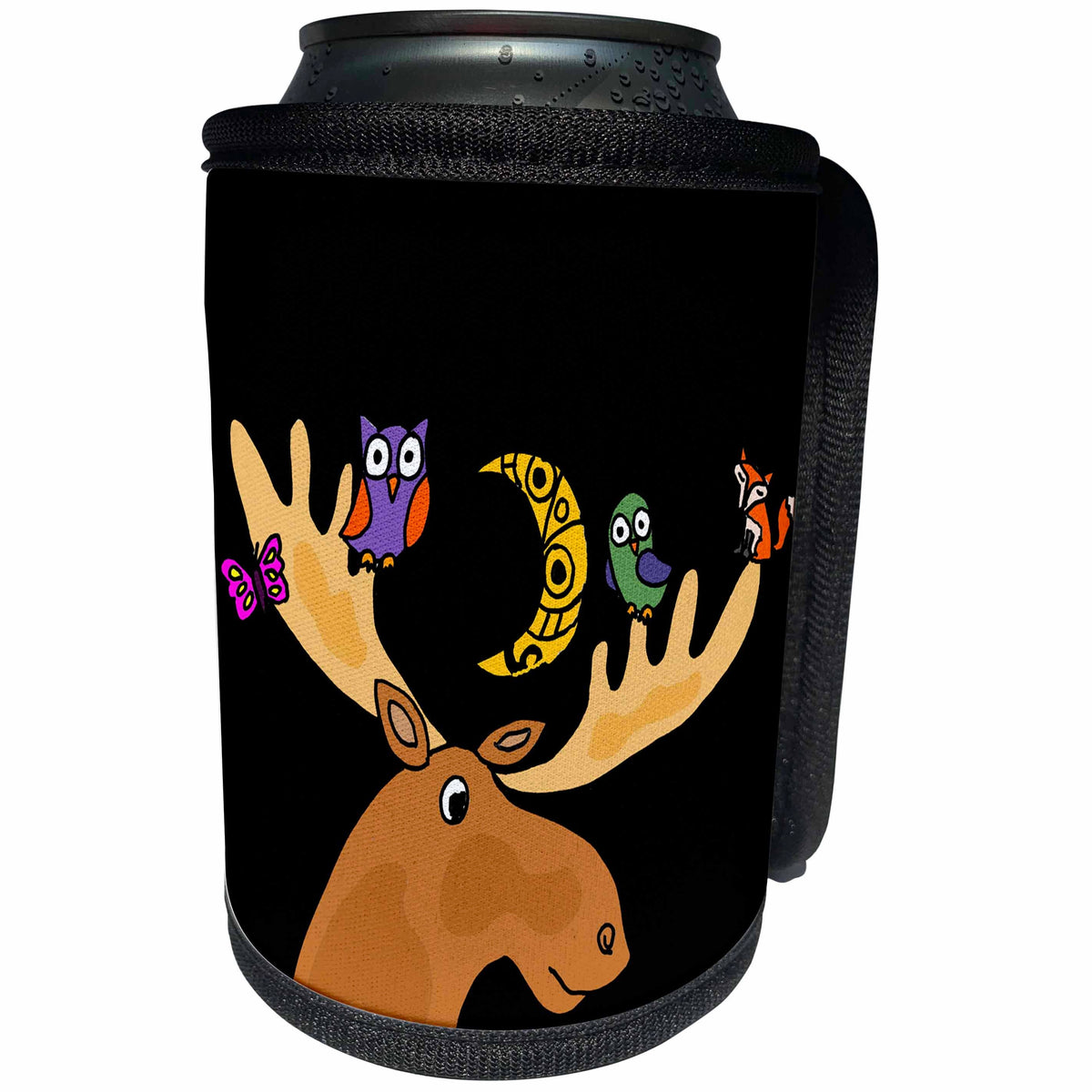 3dRose All Smiles Art Animals - Funny Cute Moose with owls and Fox on Antlers - Can Cooler Bottle Wrap (cc_245417)