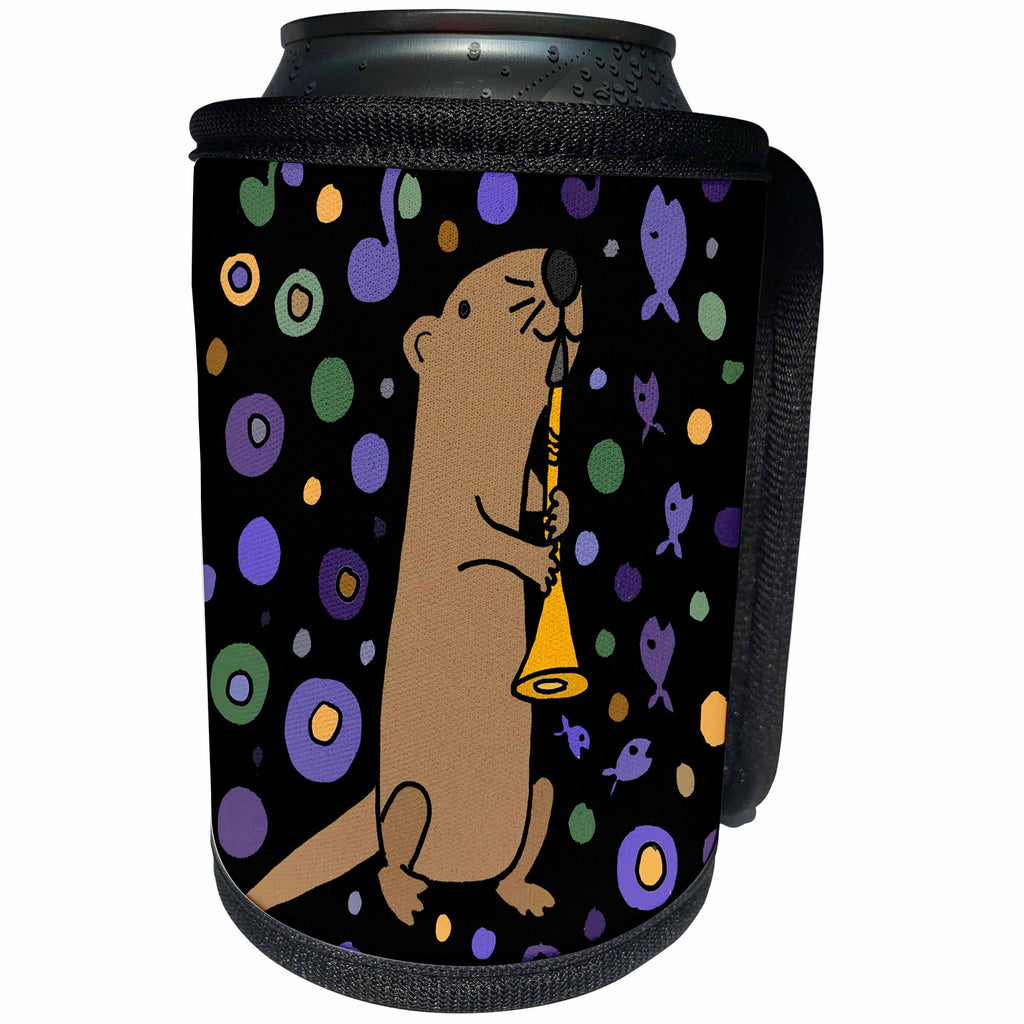 3dRose All Smiles Art Music - Funny Cute Sea Otter Playing Clarinet Original Abstract Art - Can Cooler Bottle Wrap (cc_245421)