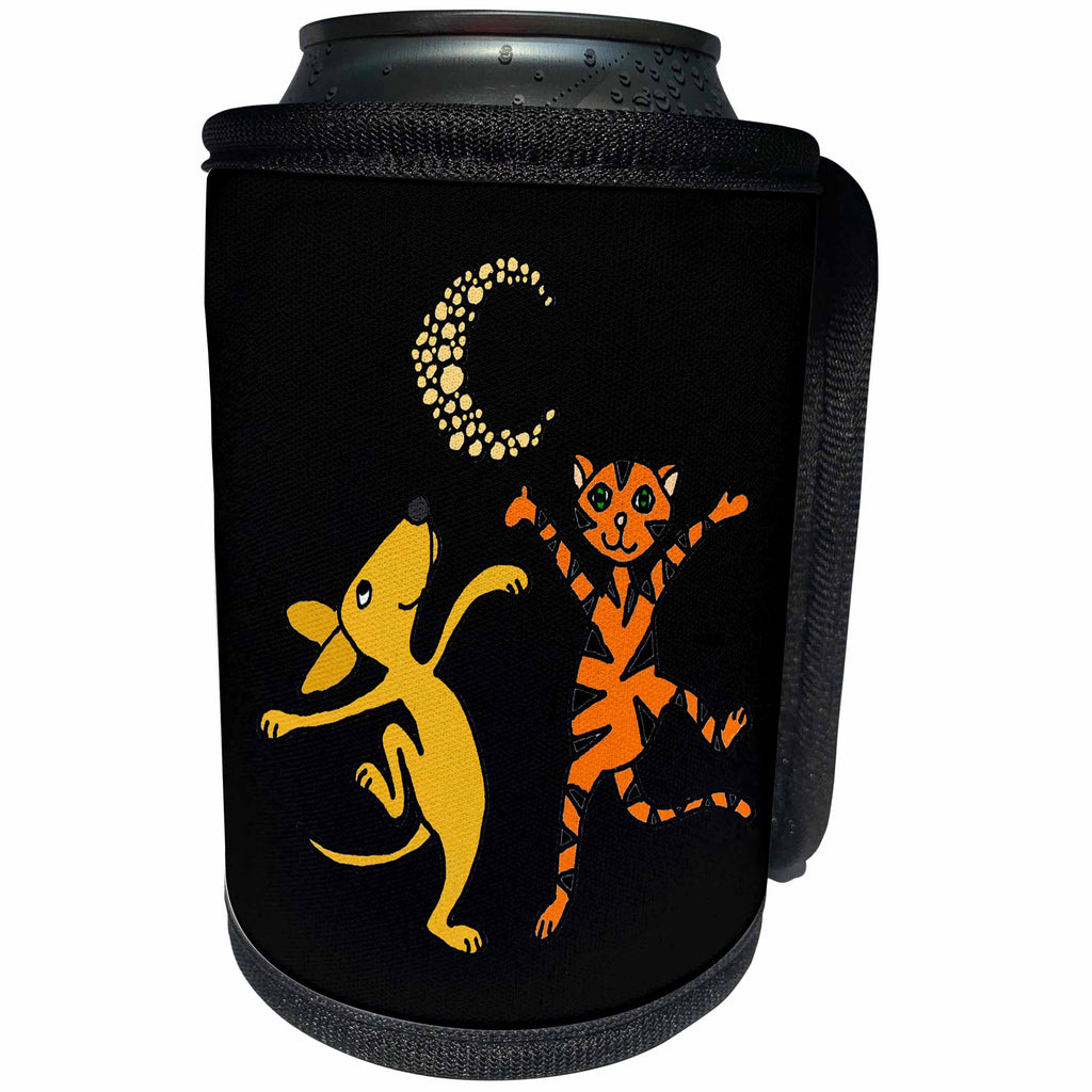 3dRose All Smiles Art Pets - Funny Dog and Tabby Cat Dancing in the Moonlight - Can Cooler Bottle Wrap (cc_245429)