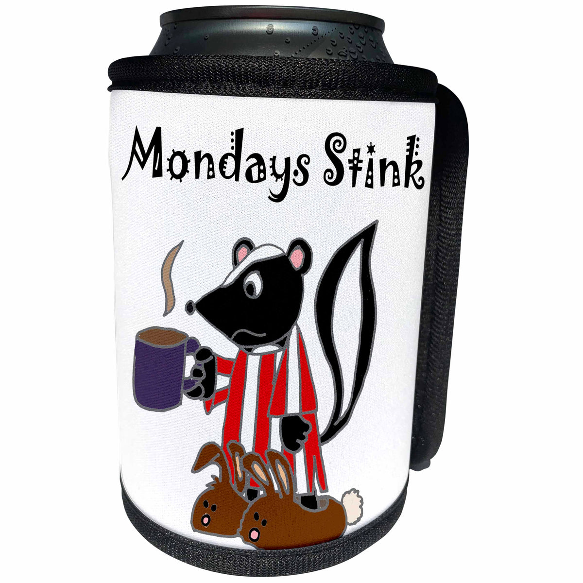 3dRose All Smiles Art Animals - Funny Cute Skunk Hates Mondays says Mondays Stink - Can Cooler Bottle Wrap (cc_245431)