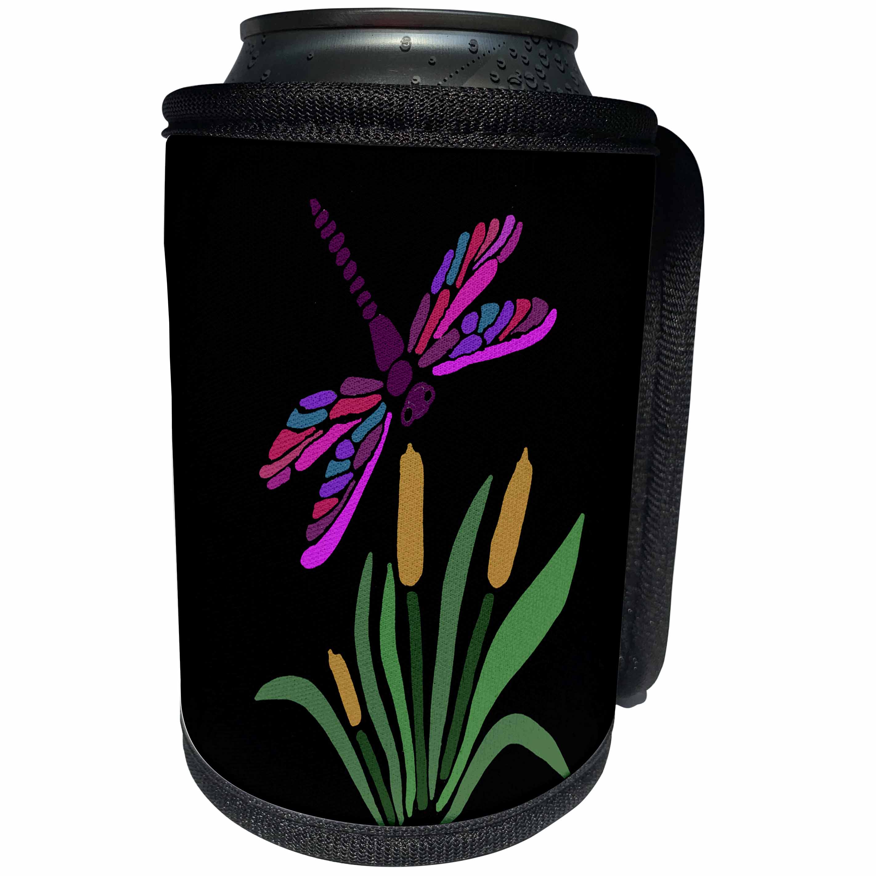 3dRose All Smiles Art Abstract - Fun Artistic Purple Dragonfly on Cattails Abstract Art - Can Cooler Bottle Wrap (cc_245435)