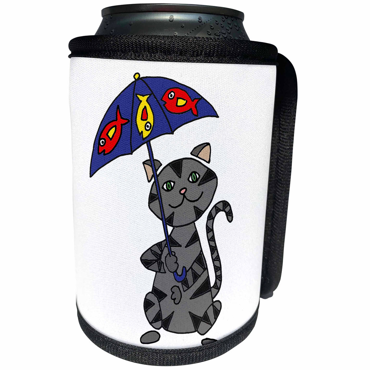 3dRose All Smiles Art Pets - Funny Cute Kitty Cat with Fish Umbrella - Can Cooler Bottle Wrap (cc_245436)
