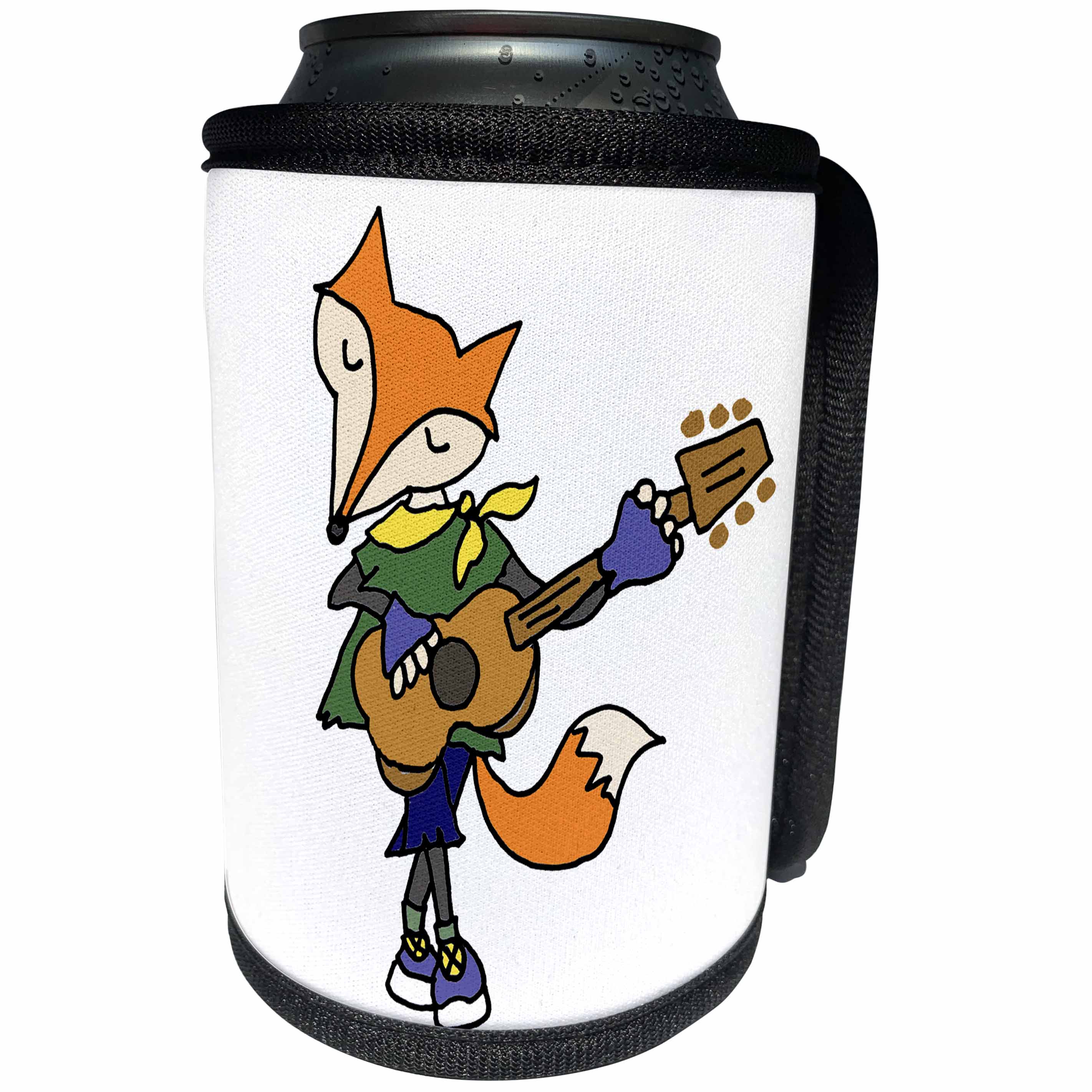 3dRose All Smiles Art Music - Funny Cool Red Fox Playing the Guitar - Can Cooler Bottle Wrap (cc_245449)