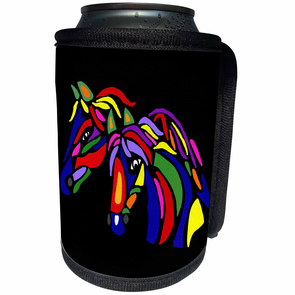 3dRose All Smiles Art Abstract - Fun Artistic Colorful Horses Abstract Art Original - Can Cooler Bottle Wrap (cc_245454)