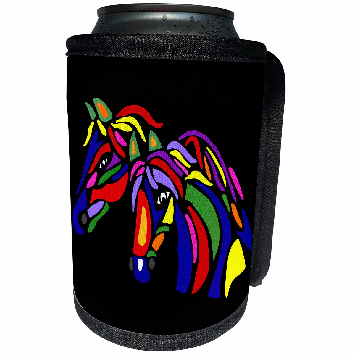 3dRose All Smiles Art Abstract - Fun Artistic Colorful Horses Abstract Art Original - Can Cooler Bottle Wrap (cc_245454)