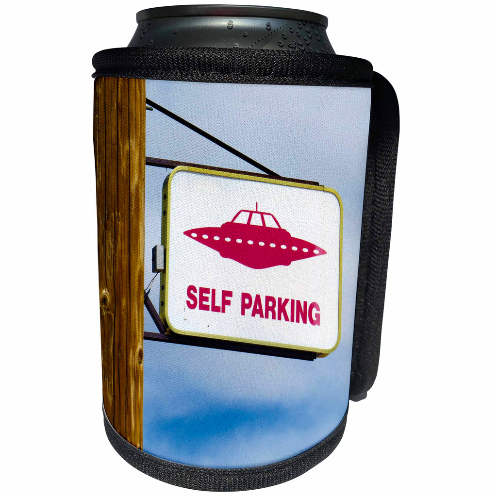 3dRose Jos Fauxtographee- Spaceship - A self parking sign at area 51 in Rachel Nevada - Can Cooler Bottle Wrap (cc_245459)