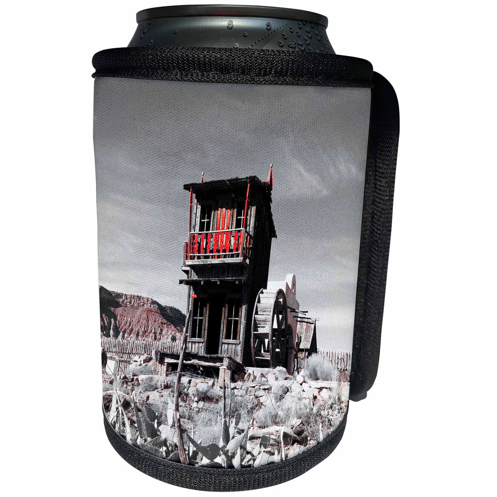 3dRose Jos Fauxtographee- Unsaturated With Red - An old western town building in red with the rest black and white - Can Cooler Bottle Wrap (cc_245463)