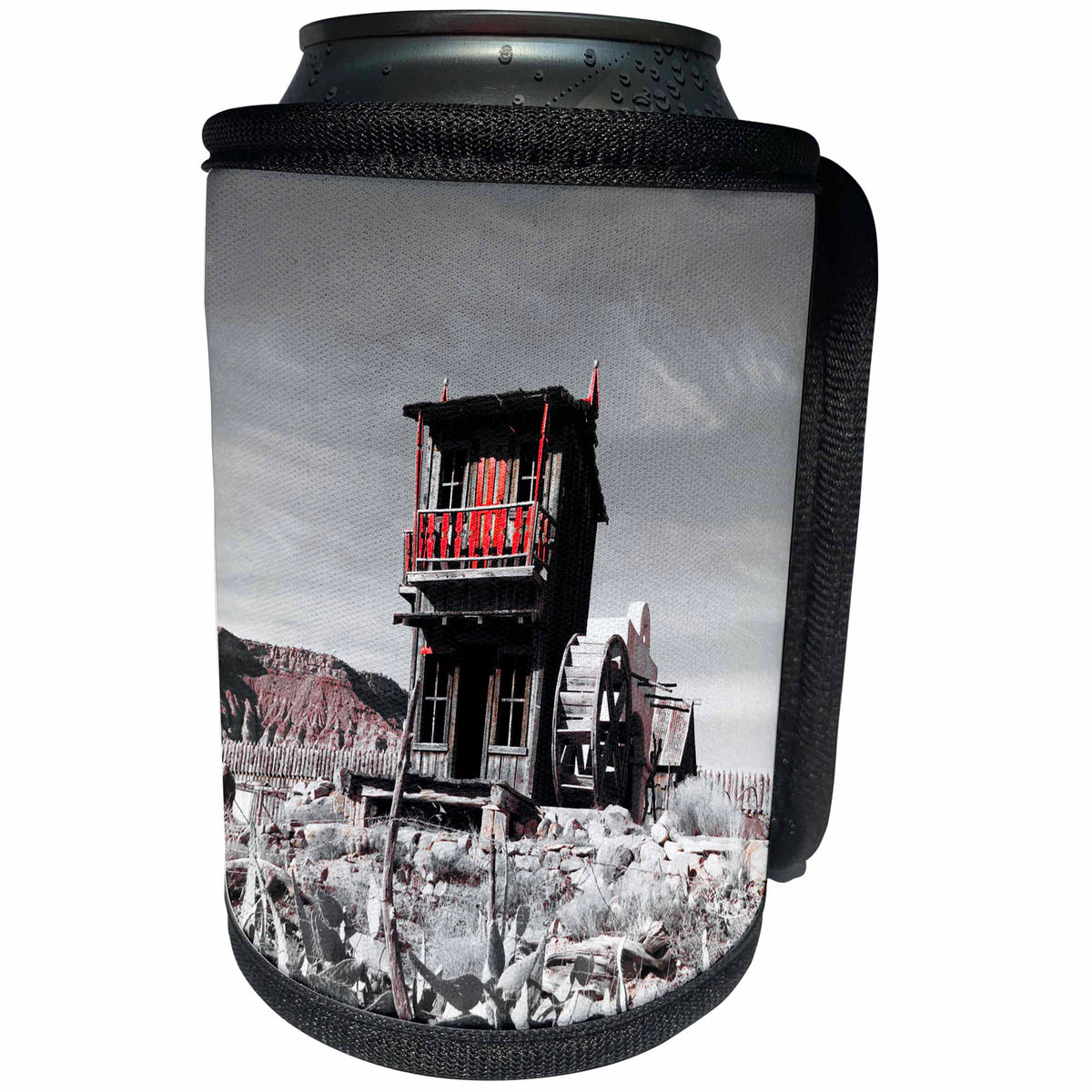 3dRose Jos Fauxtographee- Unsaturated With Red - An old western town building in red with the rest black and white - Can Cooler Bottle Wrap (cc_245463)