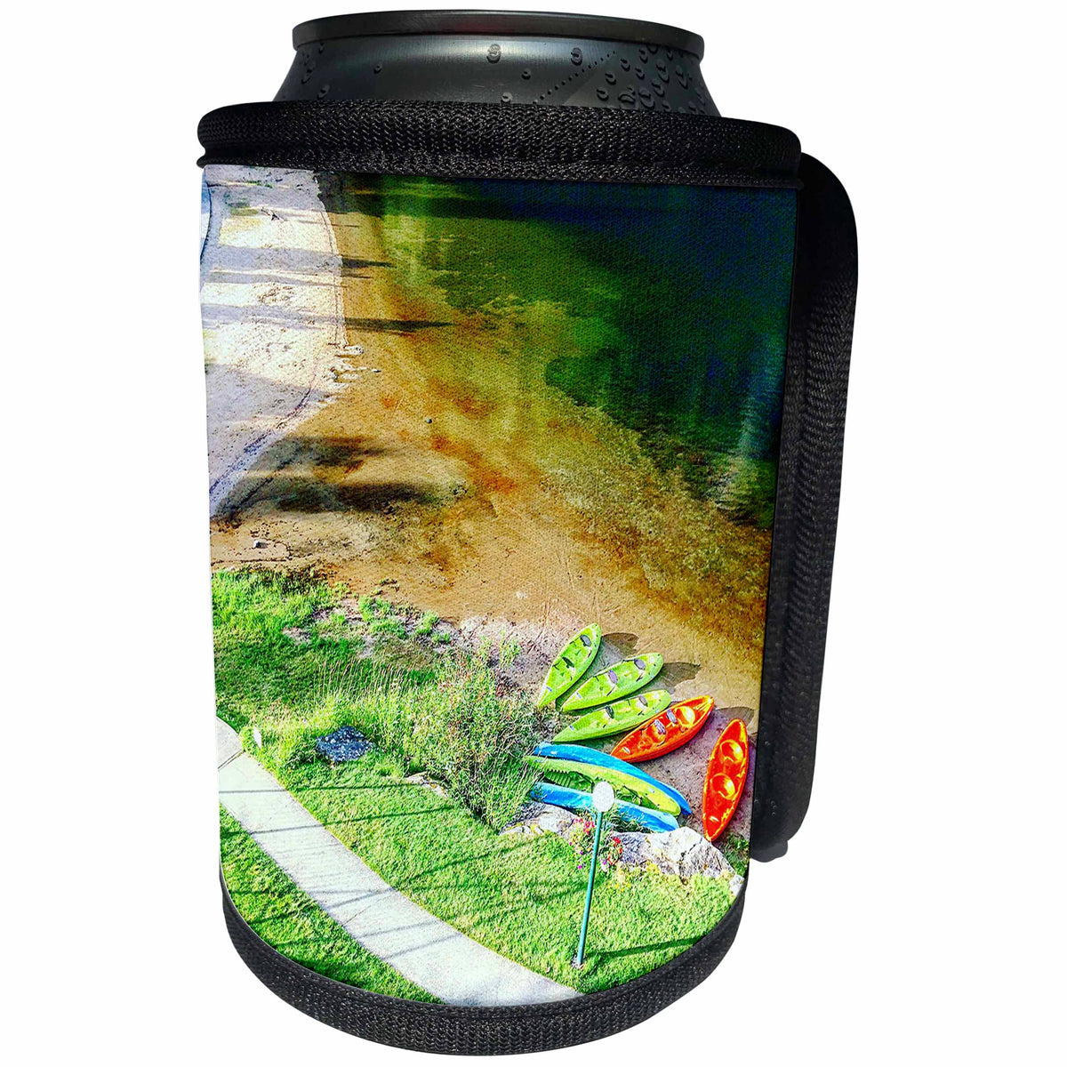 3dRose DYLAN SEIBOLD - PHOTOGRAPHY - KAYAK LAKE BEACH LANDING - Can Cooler Bottle Wrap (cc_245739)