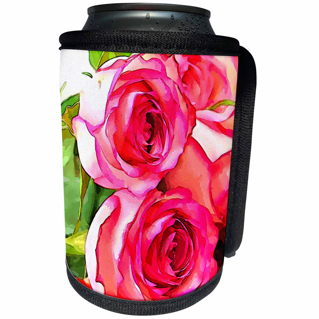 3dRose TNMGraphics Floral - Bright Watercolor Image Pink Roses - Can Cooler Bottle Wrap (cc_245747)