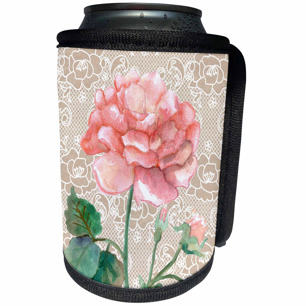 3dRose TNMGraphics Floral - Pink Rose Image With Lace Background - Can Cooler Bottle Wrap (cc_245759)