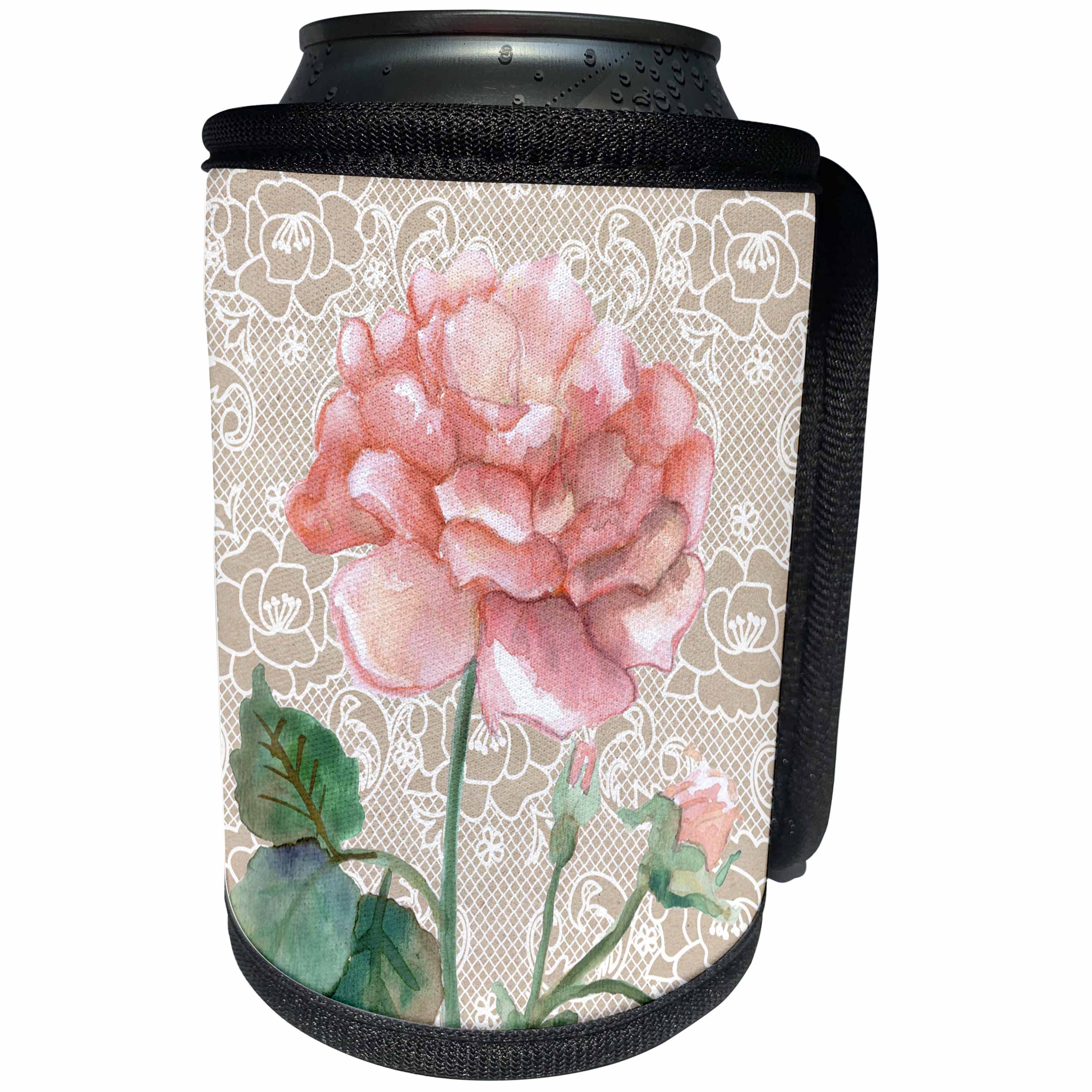3dRose TNMGraphics Floral - Pink Rose Image With Lace Background - Can Cooler Bottle Wrap (cc_245759)