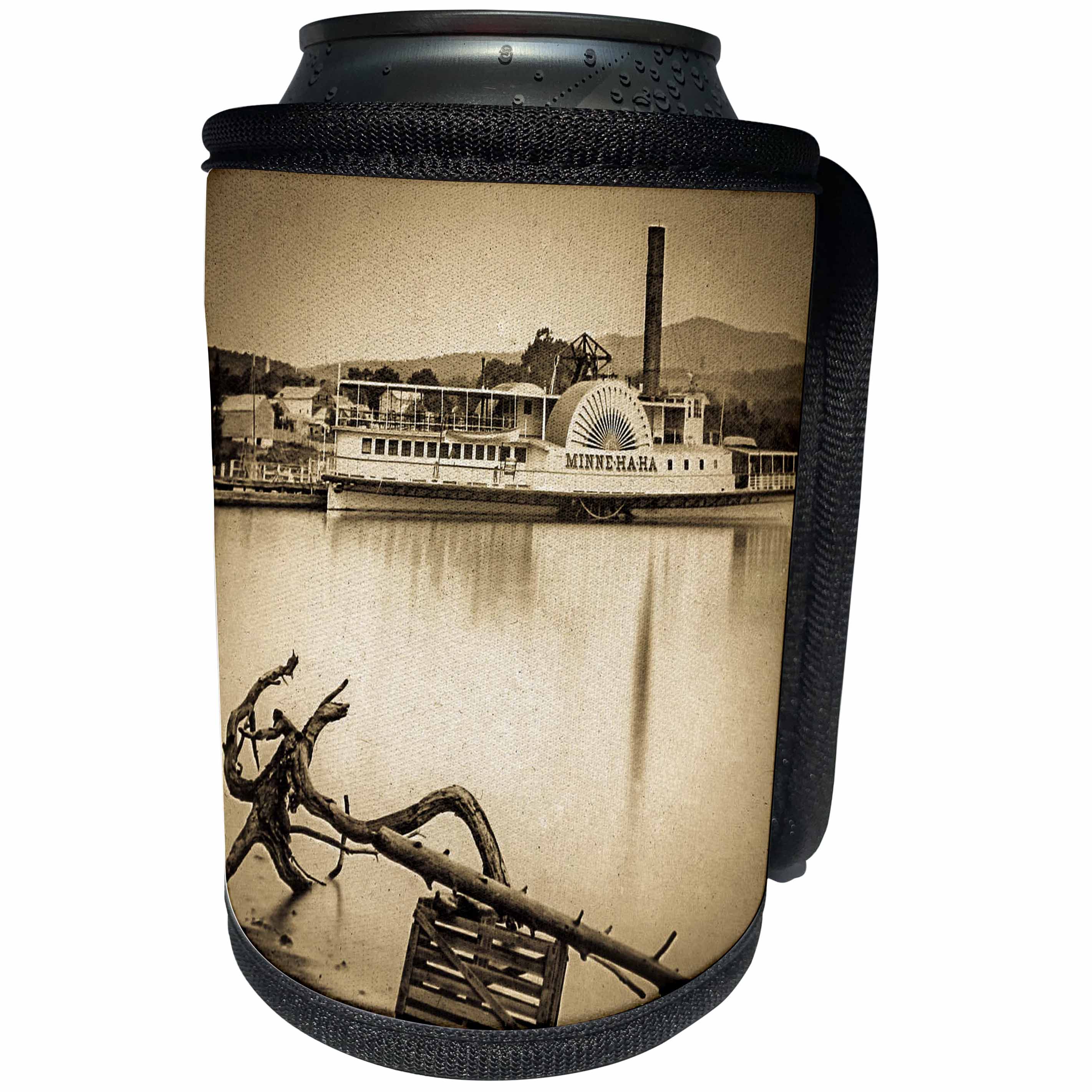 3dRose Scenes from the Past Magic Lantern - Minne Ha Ha Gambling Paddle Boat on the Mississippi Vintage 1890 - Can Cooler Bottle Wrap (cc_246031)