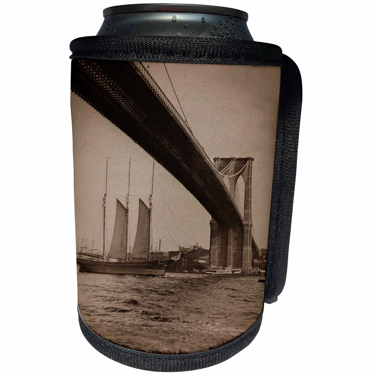 3dRose Scenes from the Past Magic Lantern - Vintage Sepia Tone Brooklyn Bridge Tall Sailing Ship NYC 1880s - Can Cooler Bottle Wrap (cc_246035)
