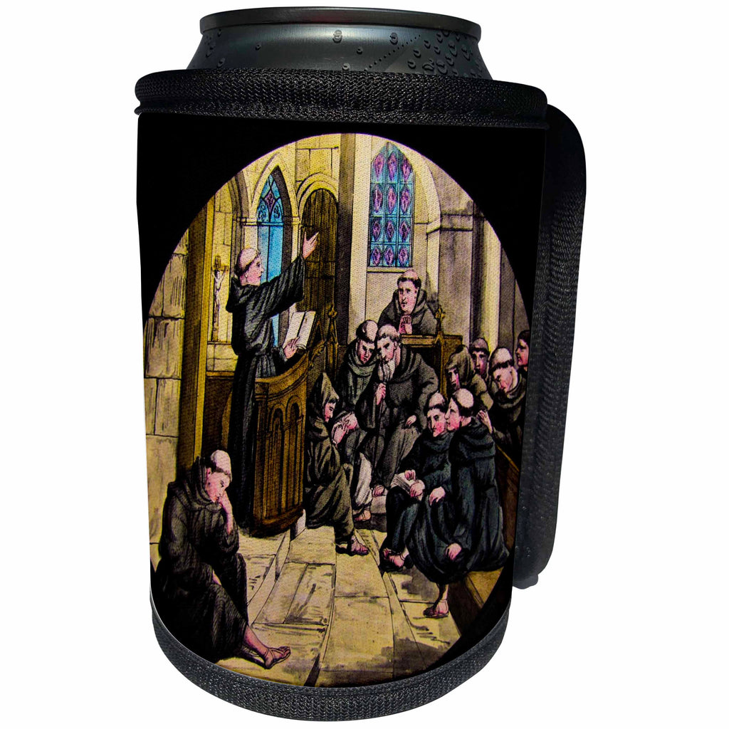 3dRose Scenes from the Past Magic Lantern - Vintage Medieval Friars in Cathedral Christianity Magic Lantern Slide - Can Cooler Bottle Wrap (cc_246067)