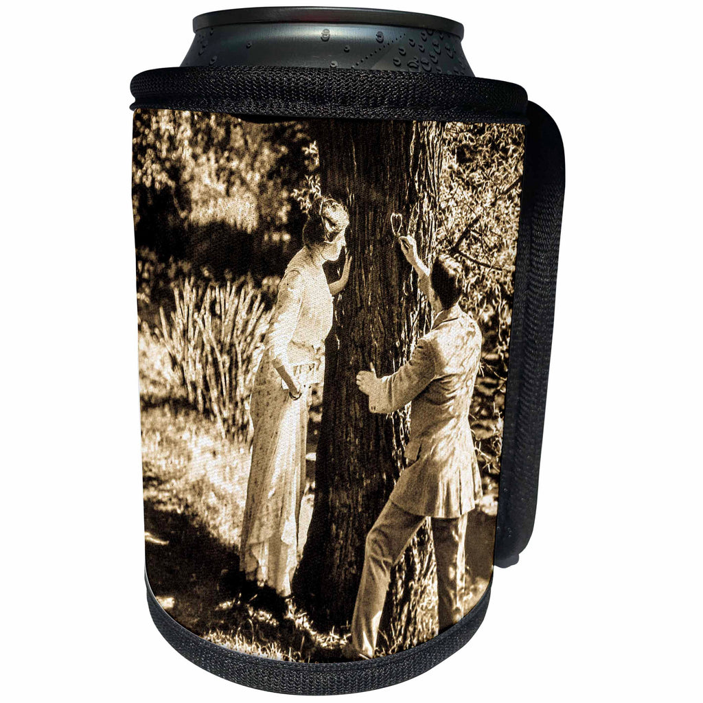 3dRose Scenes from the Past Magic Lantern - Edwardian Lovers The Symbol 1910 Carving a Heart into a Tree - Can Cooler Bottle Wrap (cc_246075)