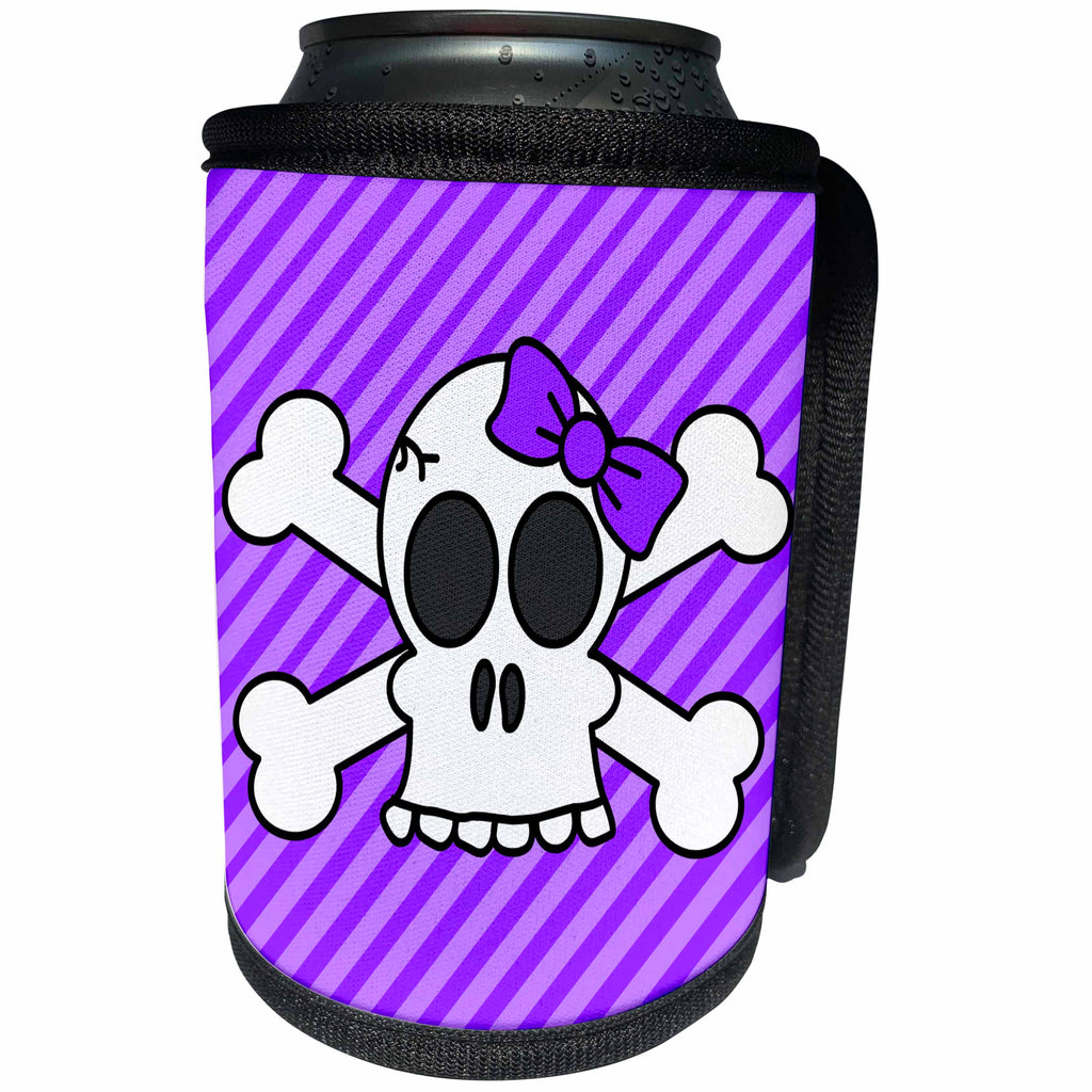 3dRose Janna Salak Designs Gothic - Cute Goth Punk Girl Skull with Bow and Crossbones Purple Stripes - Can Cooler Bottle Wrap (cc_24620)