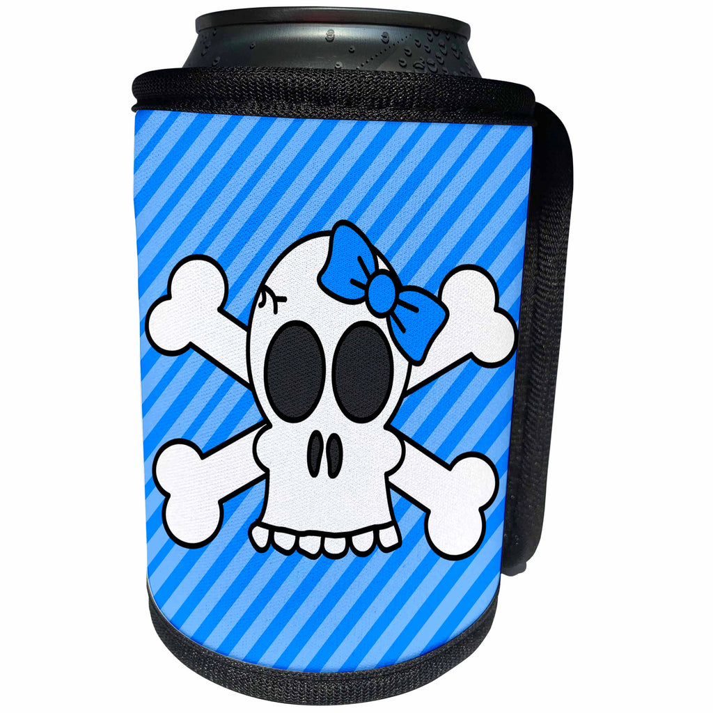 3dRose Janna Salak Designs Gothic - Cute Goth Punk Girl Skull with Bow and Crossbones Blue Stripes - Can Cooler Bottle Wrap (cc_24621)