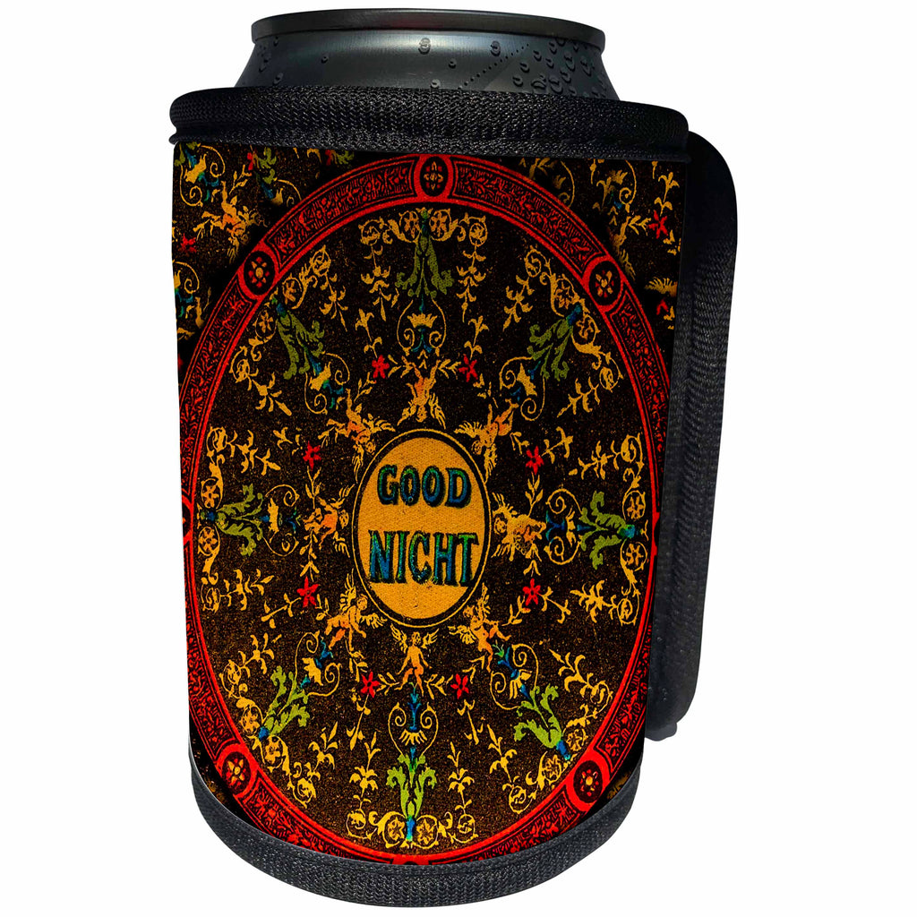 3dRose Scenes from the Past Magic Lantern - Victorian Magic Lantern Theater Slide Good Night End of Evenings Show - Can Cooler Bottle Wrap (cc_246398)