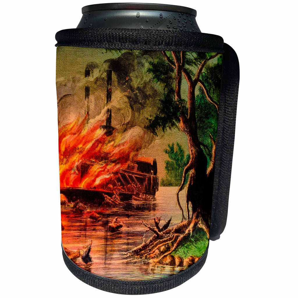 3dRose Scenes from the Past Magic Lantern - Vintage Burning Paddle Steamer on Mississippi River Magic Lantern - Can Cooler Bottle Wrap (cc_246418)