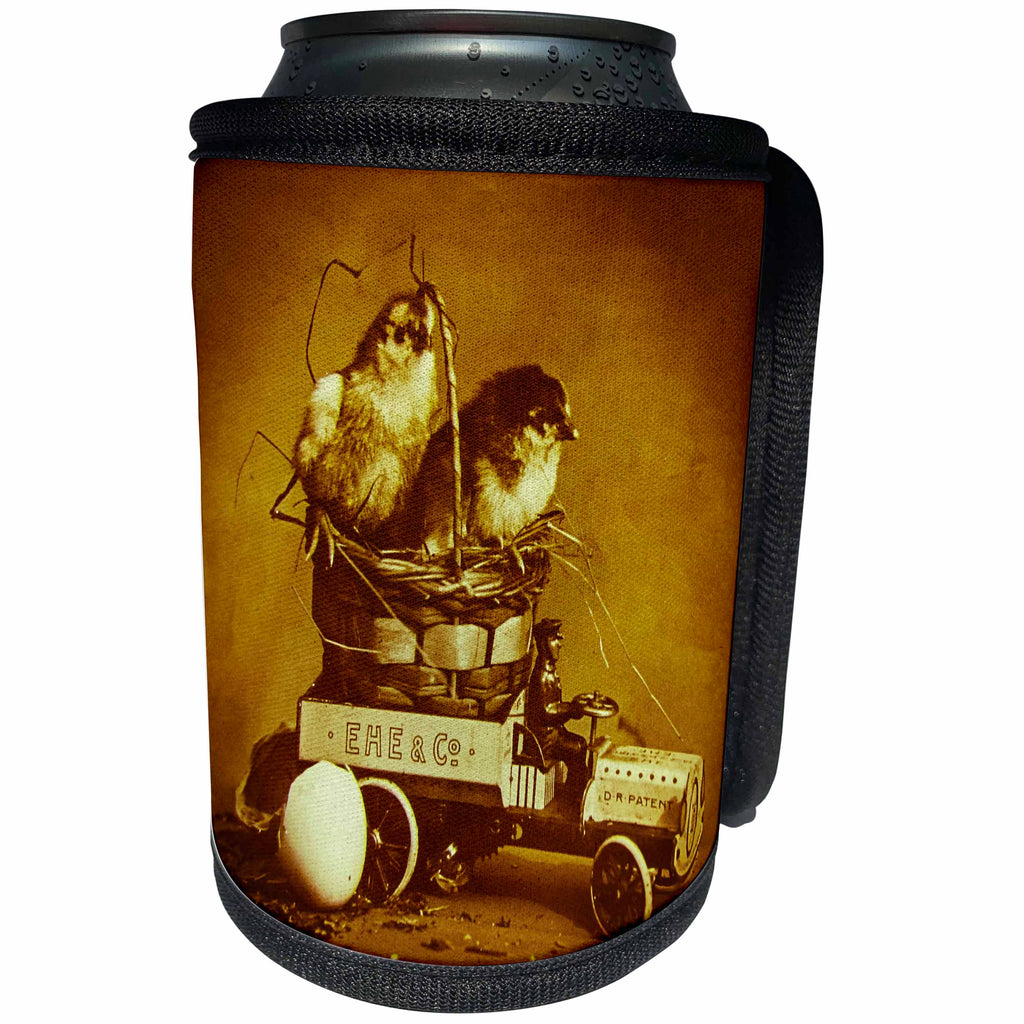 3dRose Scenes from the Past Magic Lantern - Baby Chicks in a Mechanical Tin Car Vintage Sepia Magic Lantern Slide - Can Cooler Bottle Wrap (cc_246428)