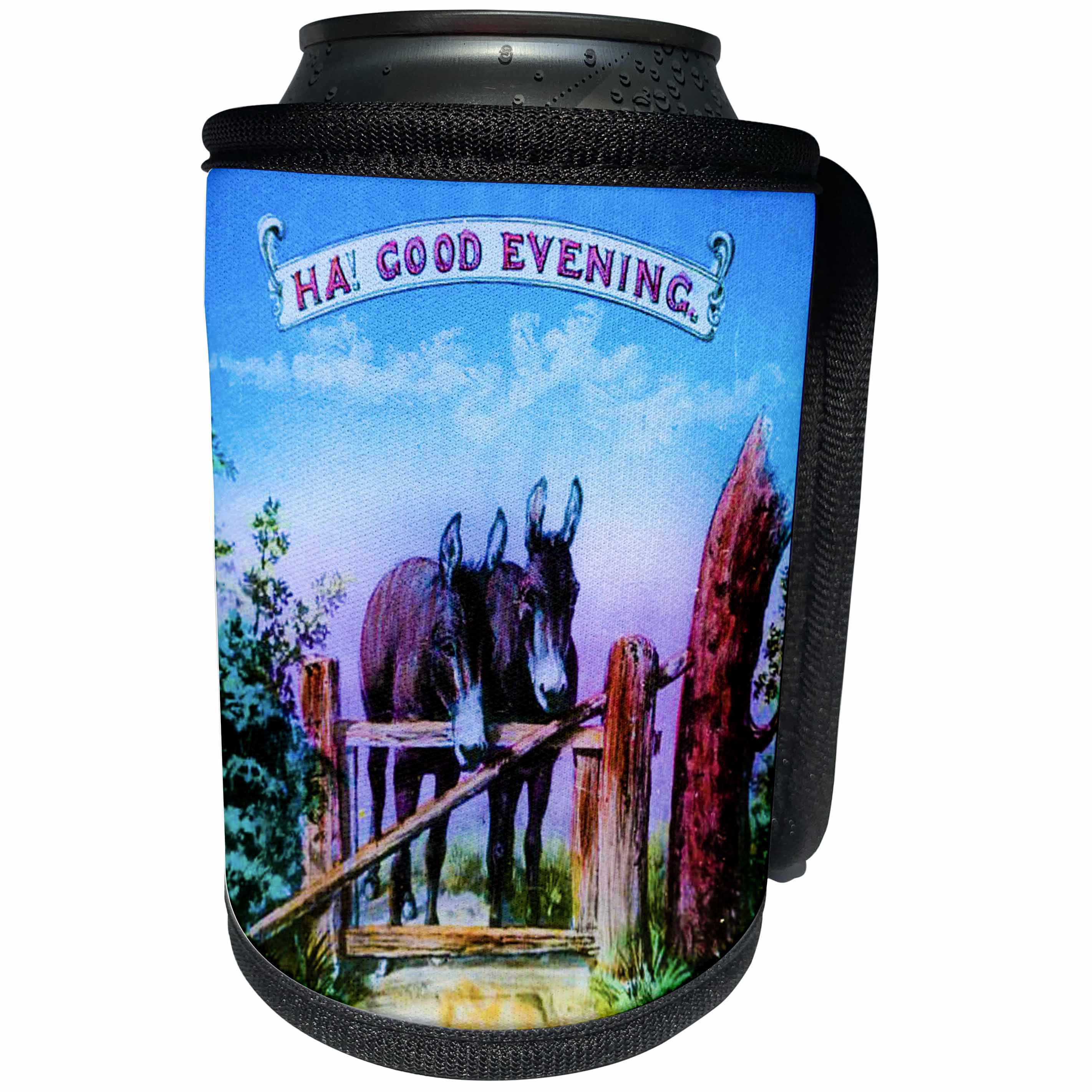 3dRose Scenes from the Past Magic Lantern - Vintage Ha Good Evening Two Mules Donkeys Magic Lantern Slide - Can Cooler Bottle Wrap (cc_246431)