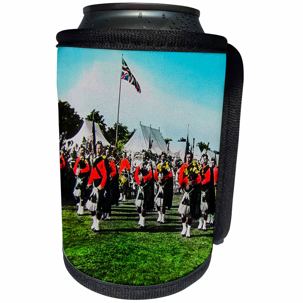 3dRose Scenes from the Past Magic Lantern - Vintage Scottish Pipers British Army Bagpipes Scotland 1910 - Can Cooler Bottle Wrap (cc_246441)