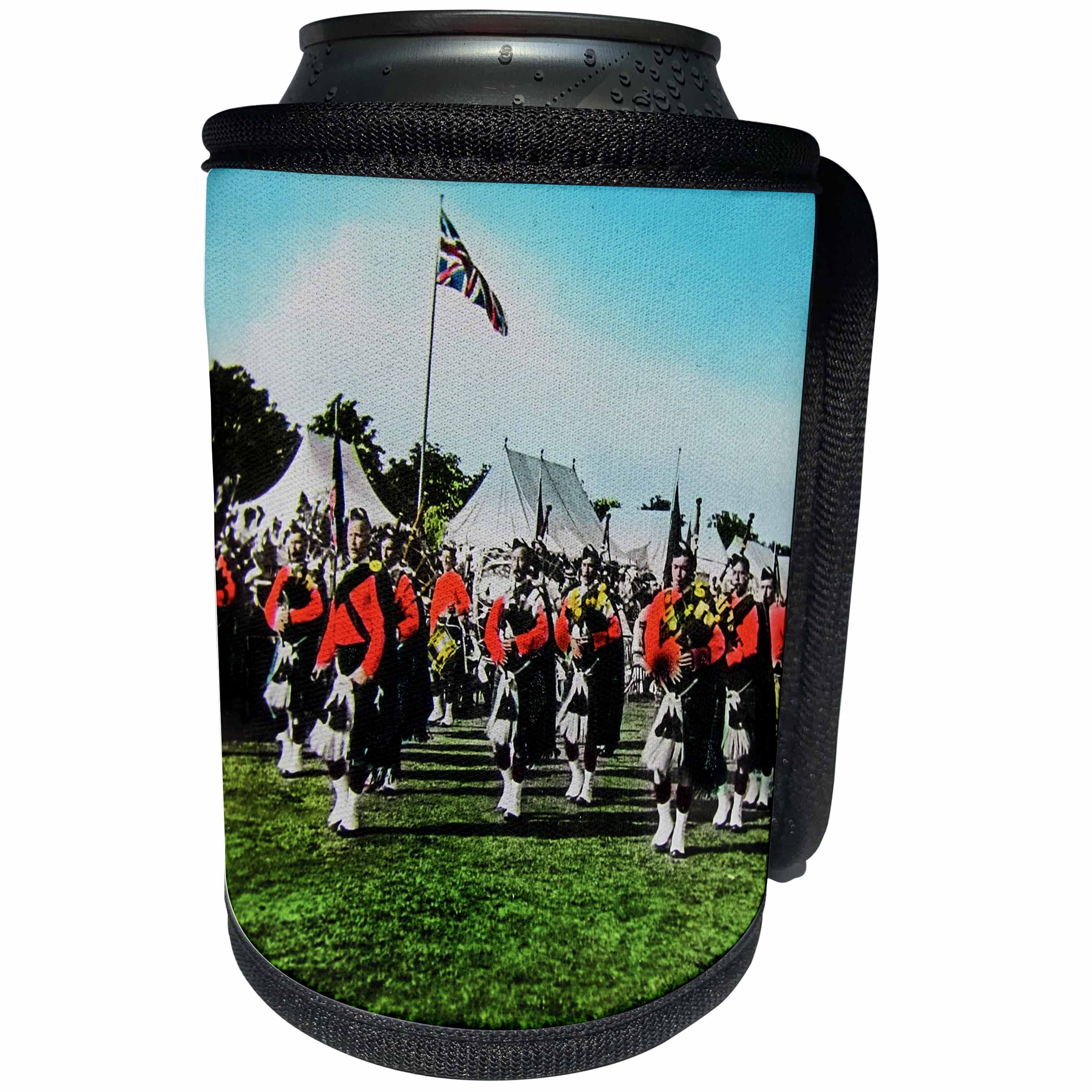 3dRose Scenes from the Past Magic Lantern - Vintage Scottish Pipers British Army Bagpipes Scotland 1910 - Can Cooler Bottle Wrap (cc_246441)
